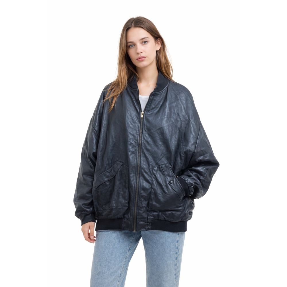 Edikted Womens‎ Oversized Faux Leather Bomber Jacket Black Quilted Lined M Edg